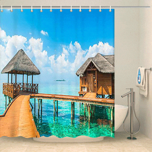 Rideau de douche tropical cabanes sur l'eau Rideau de douche ou de baignoire Coco-Rideaux 