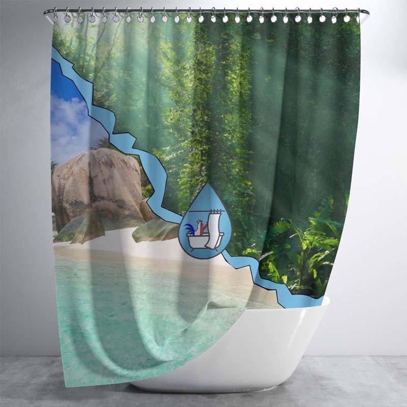 Rideau de douche tropicaux. Des rideaux de douche plage, rideau de douche feuillage tropical, rideau de douche mer turquoise