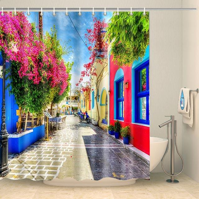 Rideau de douche cité grecque colorée Rideau de douche ou de baignoire Coco-Rideaux 
