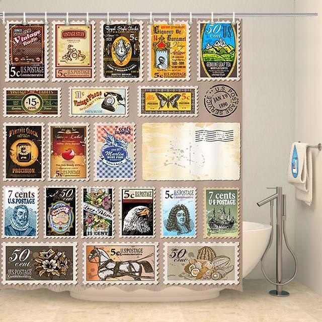 Rideau de douche collection de timbres vintage Rideau de douche ou de baignoire Coco-Rideaux 