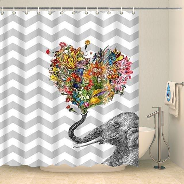 Rideau de douche éléphant et bouquet de fleurs Rideau de douche ou de baignoire Coco-Rideaux 