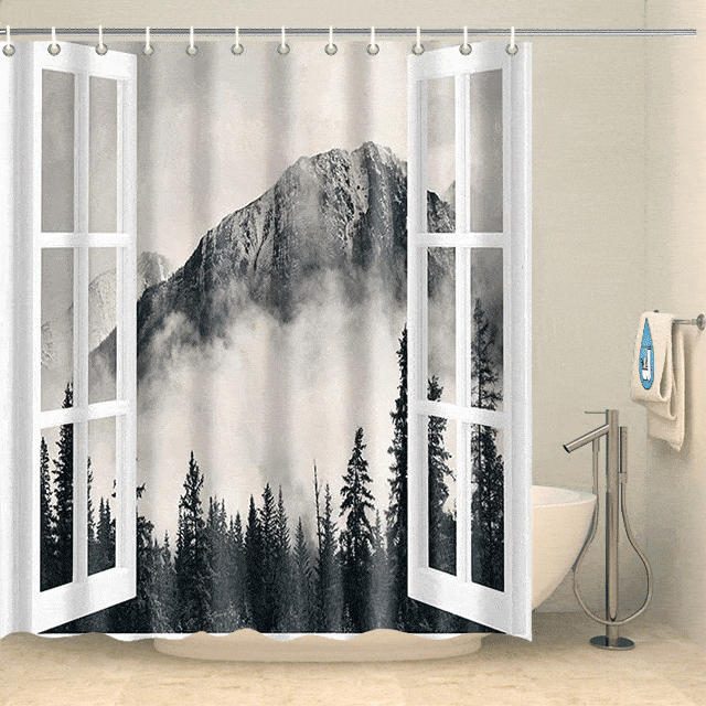 Rideau de douche fenêtre et montagne Rideau de douche ou de baignoire Coco-Rideaux 