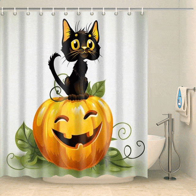 Rideau de douche Halloween citrouille et chat Rideau de douche ou de baignoire Coco-Rideaux 