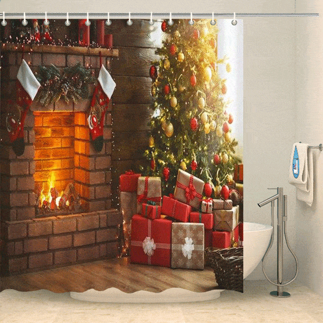 Rideau de douche Noël cheminée sapins et cadeaux Rideau de douche ou de baignoire Coco-Rideaux 