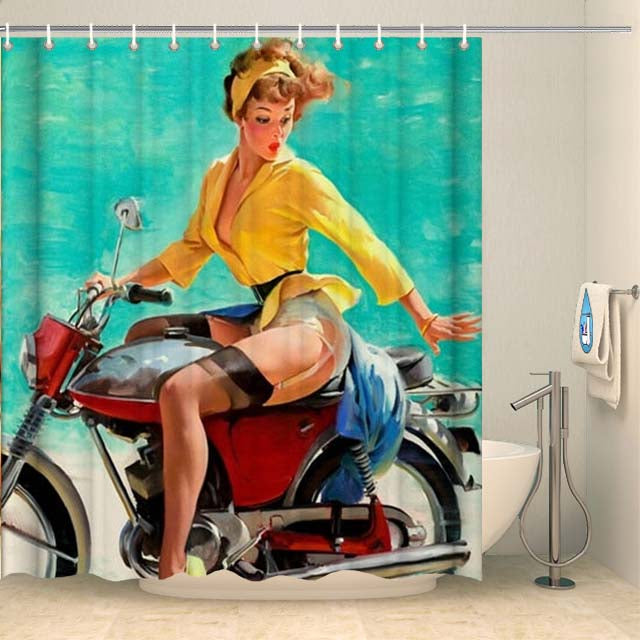 Rideau de douche pin-up à moto Rideau de douche Coco-Rideaux 