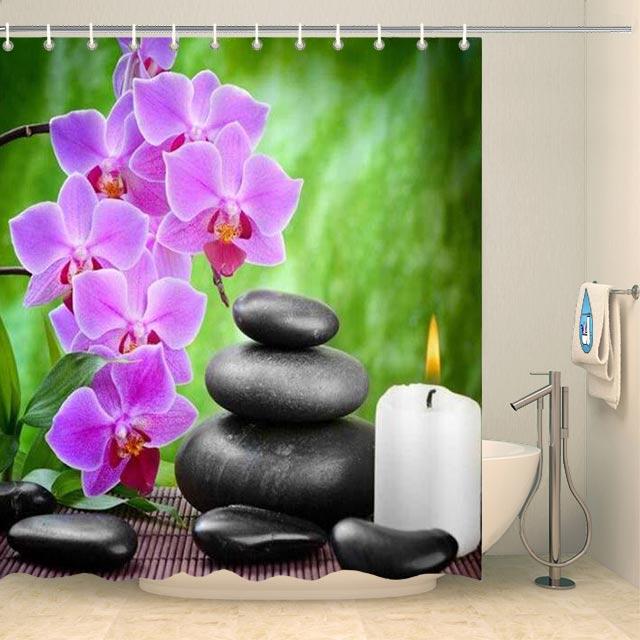 Rideau de douche relaxant galets et orchidées violettes Rideau de douche ou de baignoire Coco-Rideaux 