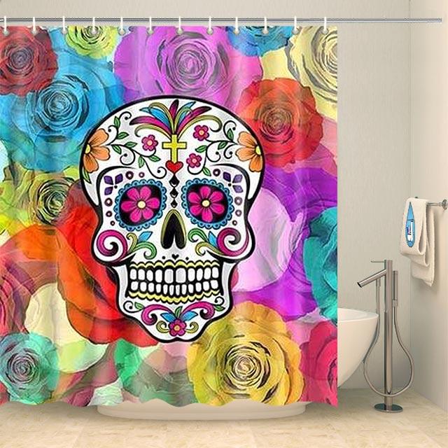 Rideau de douche tête de mort mexicaine et roses Rideau de douche ou de baignoire Coco-Rideaux 