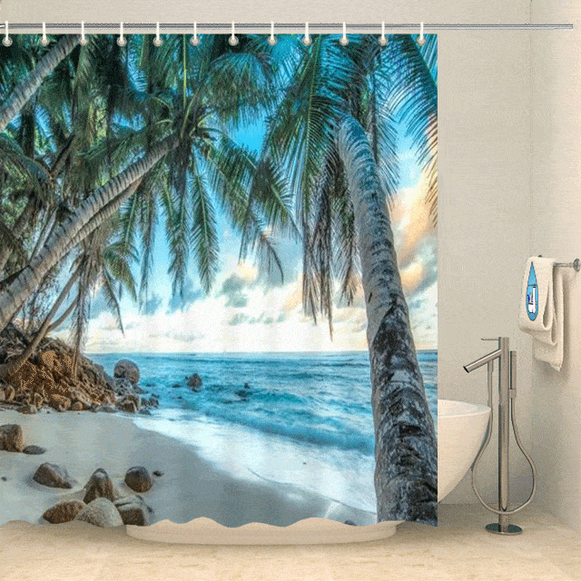 Rideau de douche tropical palmiers et mer azur Rideau de douche ou de baignoire Coco-Rideaux 