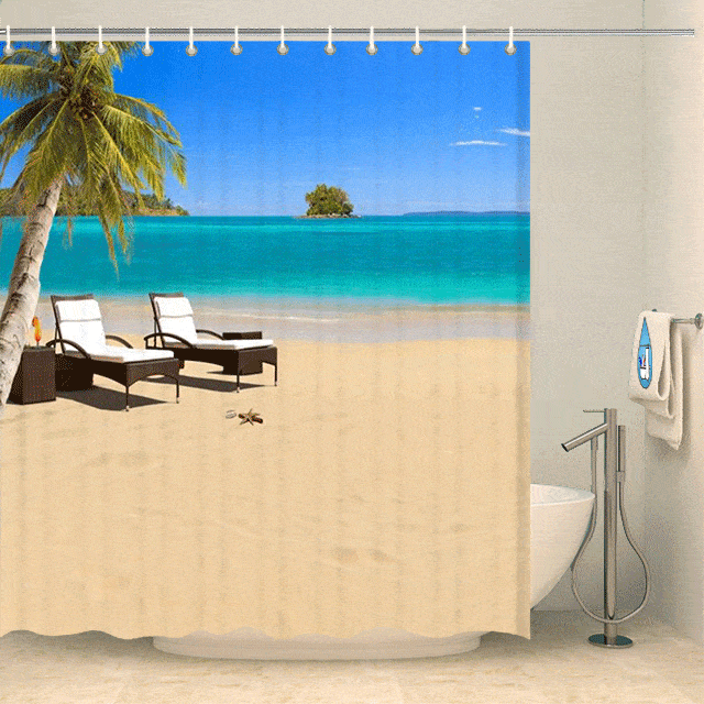 Rideau de douche tropical palmiers et plage Rideau de douche ou de baignoire Coco-Rideaux 