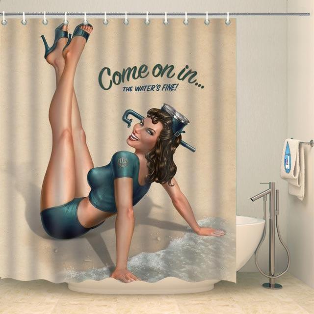 Rideau de douche vintage pin-up à la plage Rideau de douche ou de baignoire Coco-Rideaux 