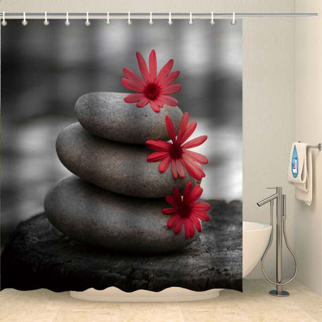 Rideau de douche zen galets et fleurs roses Rideau de douche ou de baignoire Coco-Rideaux 