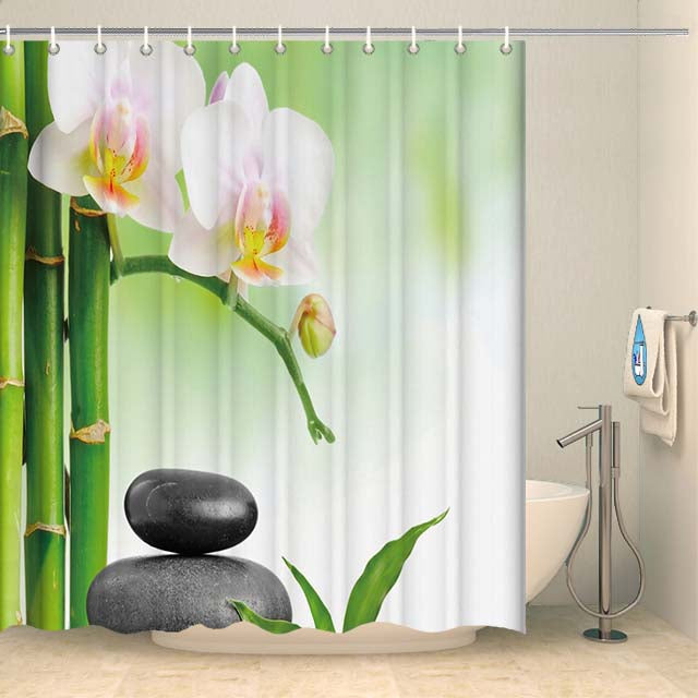 Rideau de douche zen orchidée blanche et galets Rideau de douche ou de baignoire Coco-Rideaux 