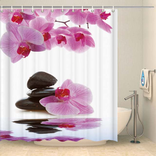 Rideau de douche zen orchidée et galets Rideau de douche ou de baignoire Coco-Rideaux 