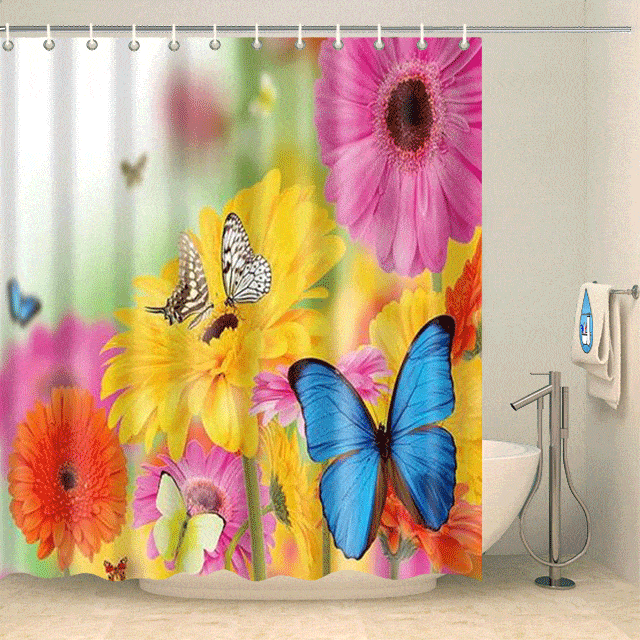 Rideau de douche zinnias fleuris et papillons Rideau de douche ou de baignoire Coco-Rideaux 
